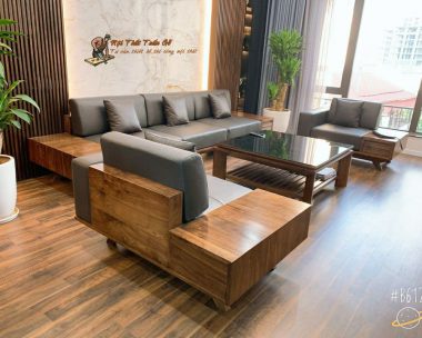 Bộ Sofa và bàn trà gỗ Óc Chó kết hợp da bò thuộc thật 100% - Dự án nhà anh Sơn, Làng Việt Kiều Châu Âu